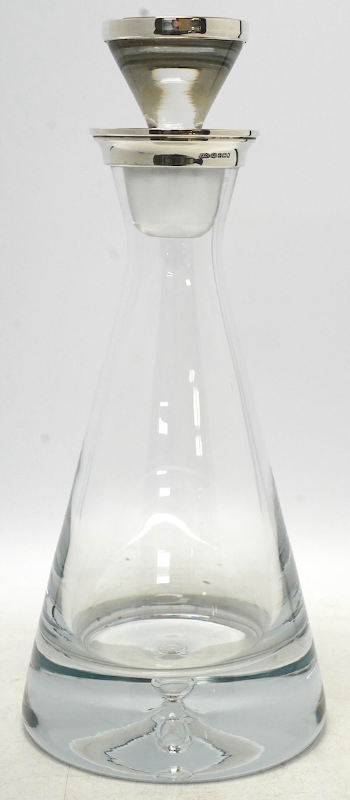 A modern silver mounted heavy glass decanter and stopper, by Broadway & Co of Birmingham, overall height 32cm. Condition - good